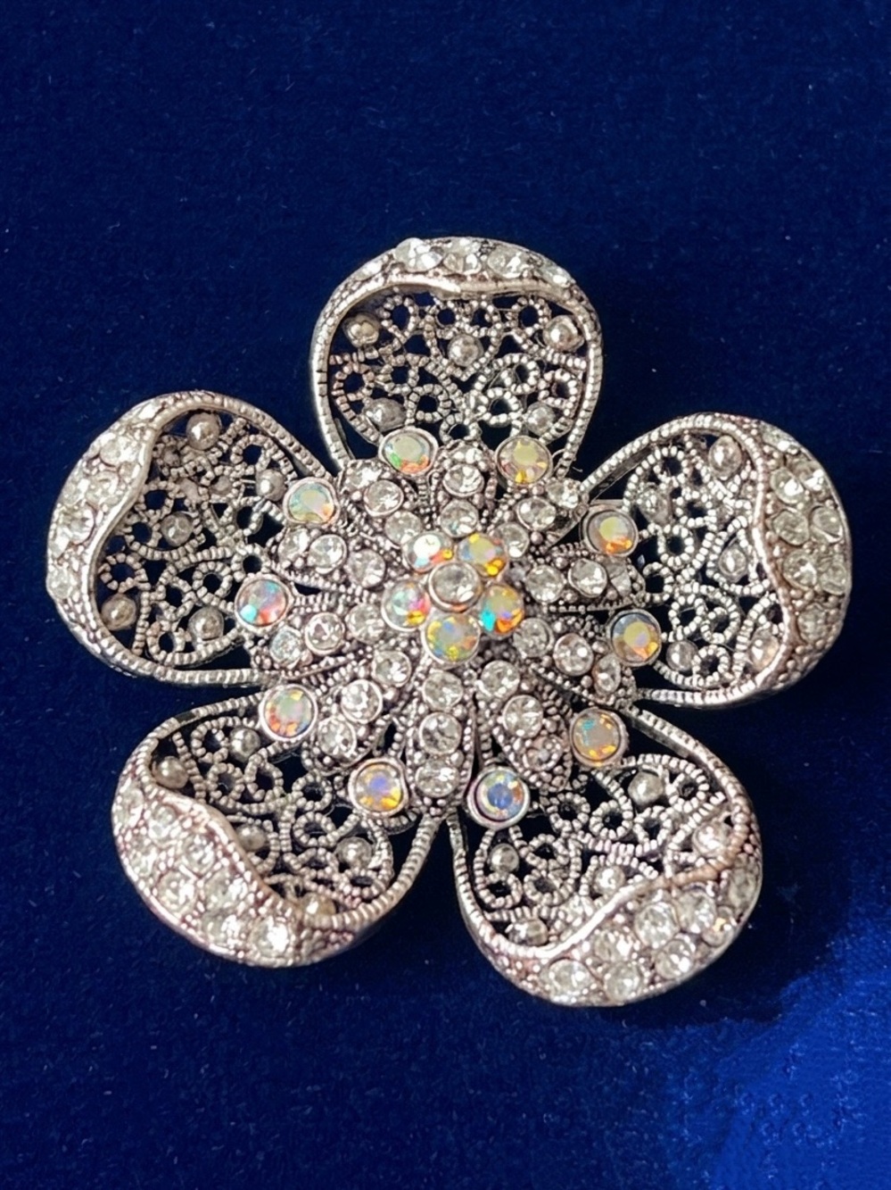 Vintage AAi Silver Tone Filigree Flower Brooch with Aurora Borealis Rhinestones